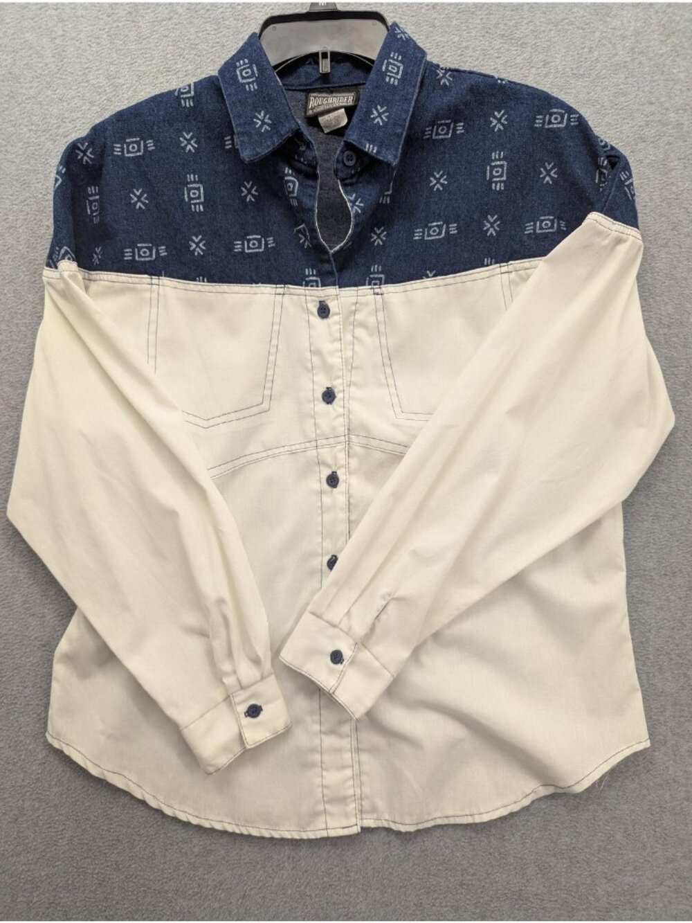 Rough Rider Shirt Mens Large White Denim Western Colorblock Long Sleeve USA